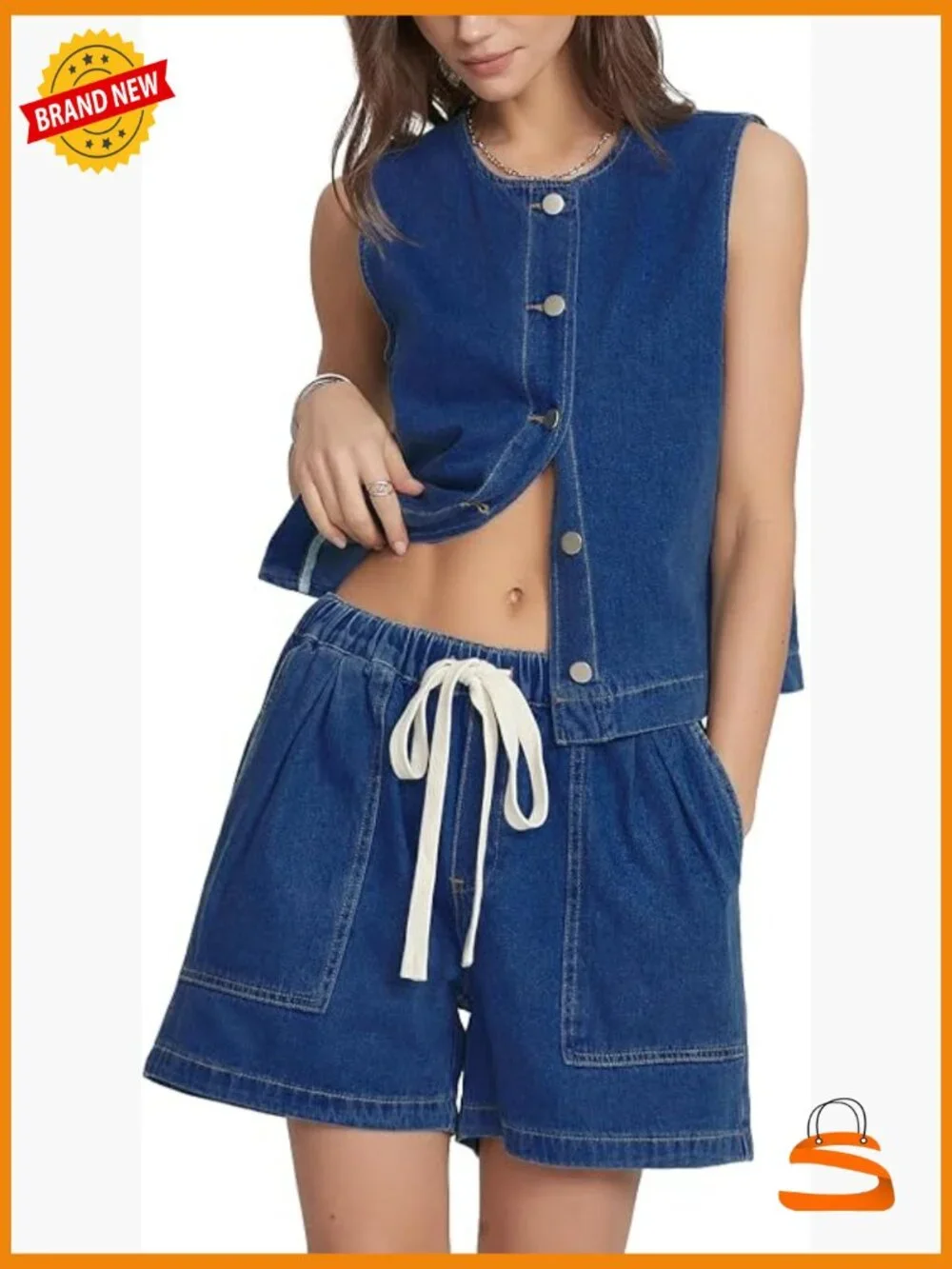 Sleeveless Denim Vest & Baggy Jean Shorts Matching Set